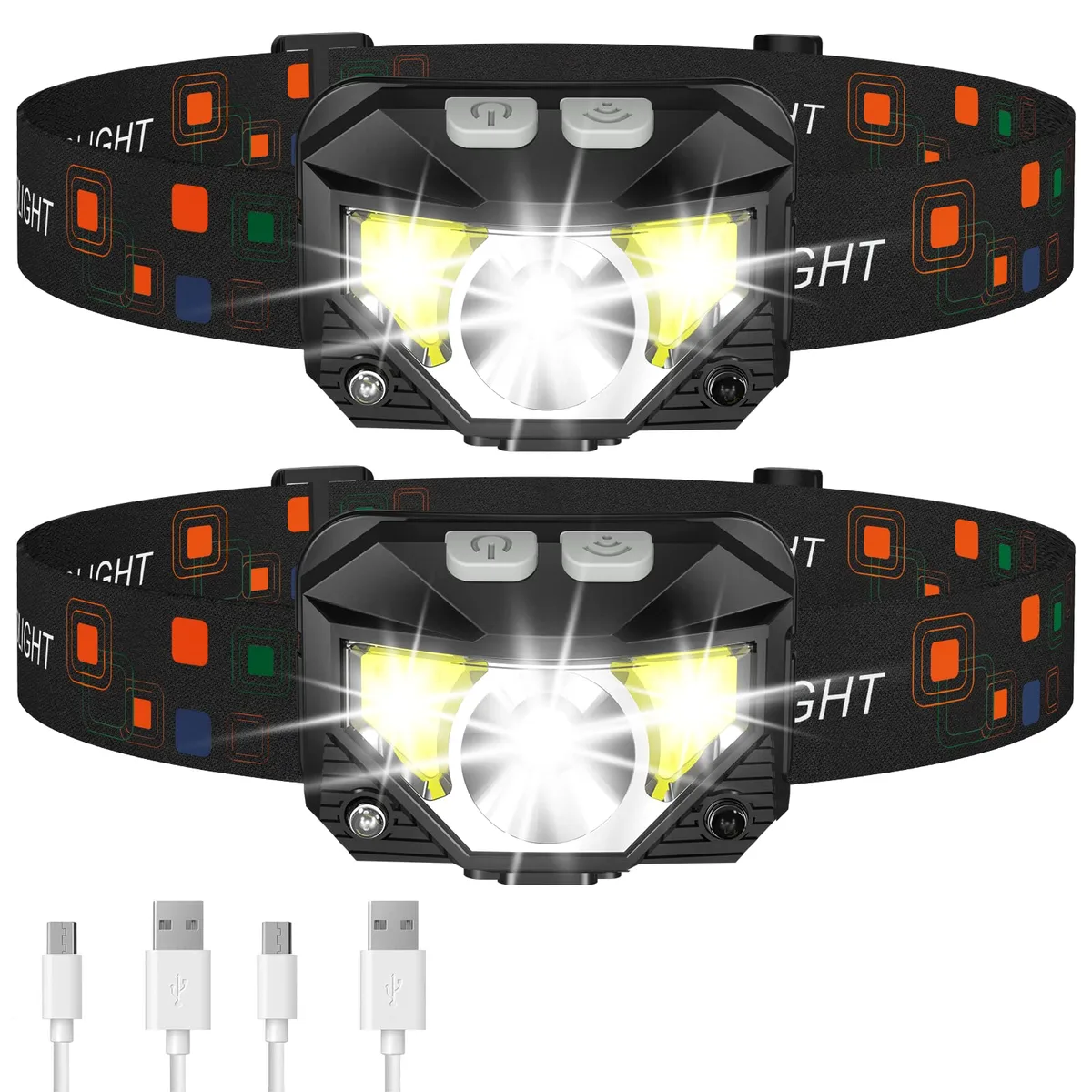 Two compact white headlamps with adjustable straps and pivoting light heads