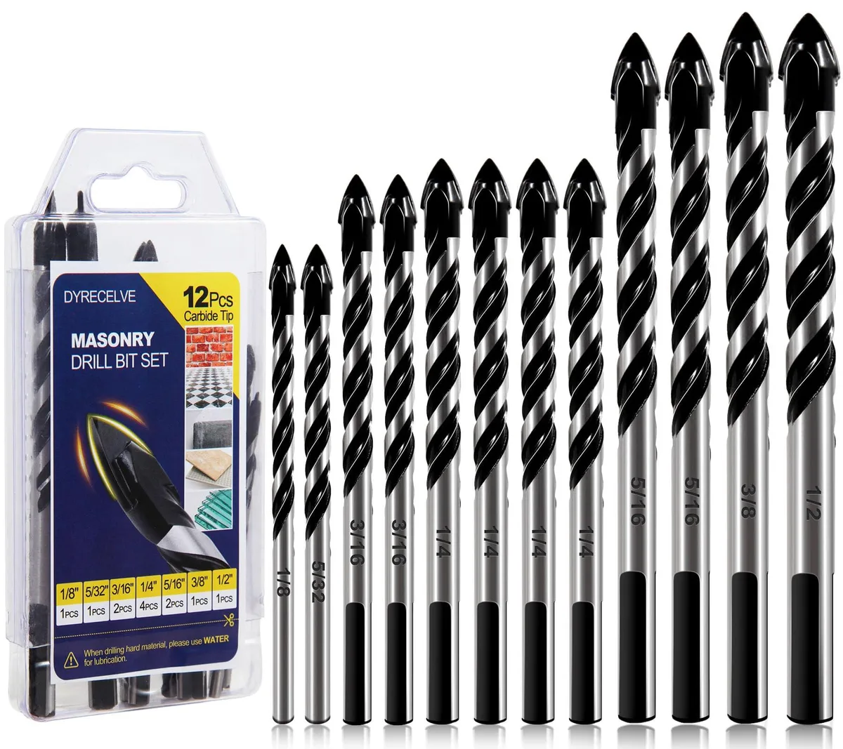 Twelve black masonry drill bits with triangular shanks in a plastic case