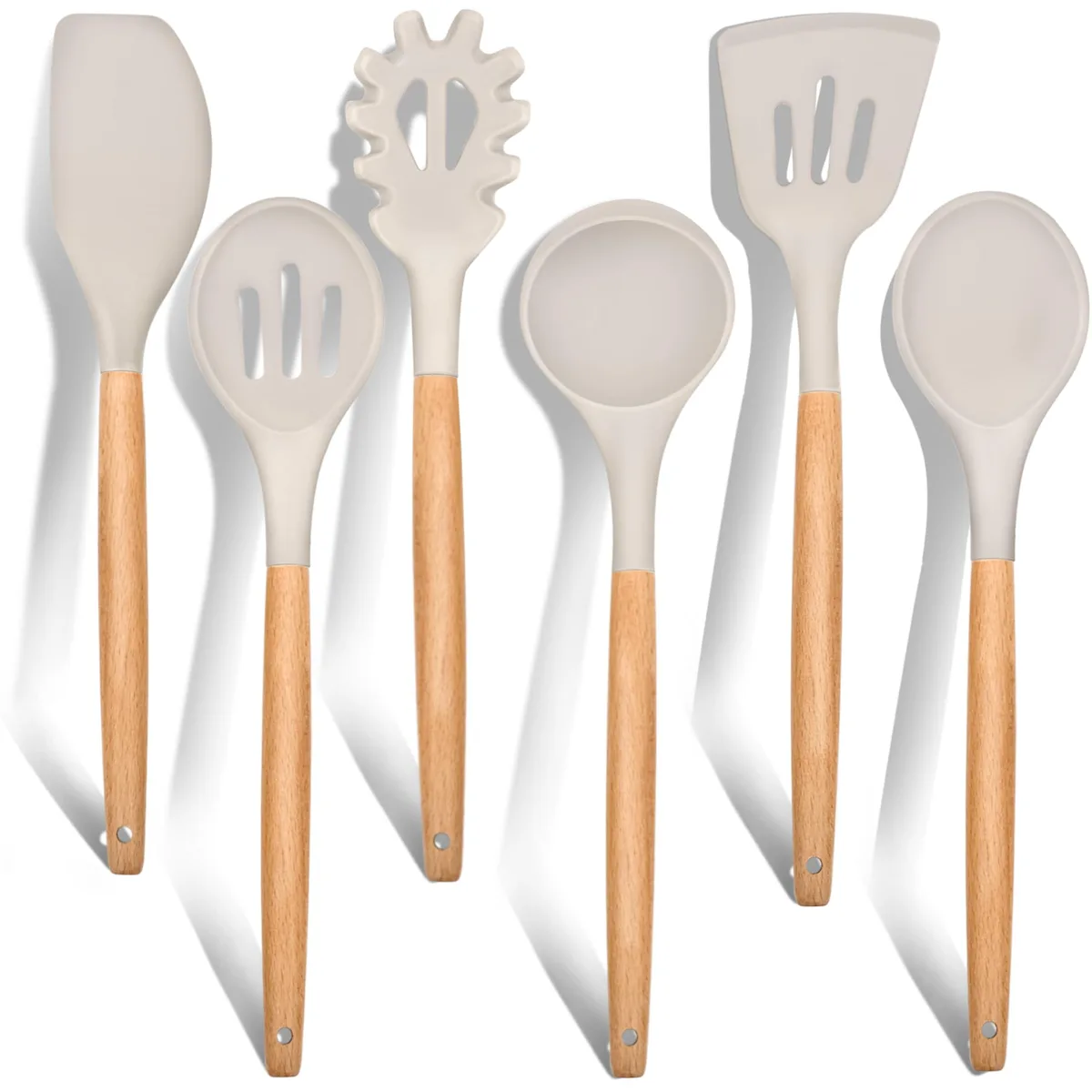 Six khaki silicone cooking tools with wooden handles