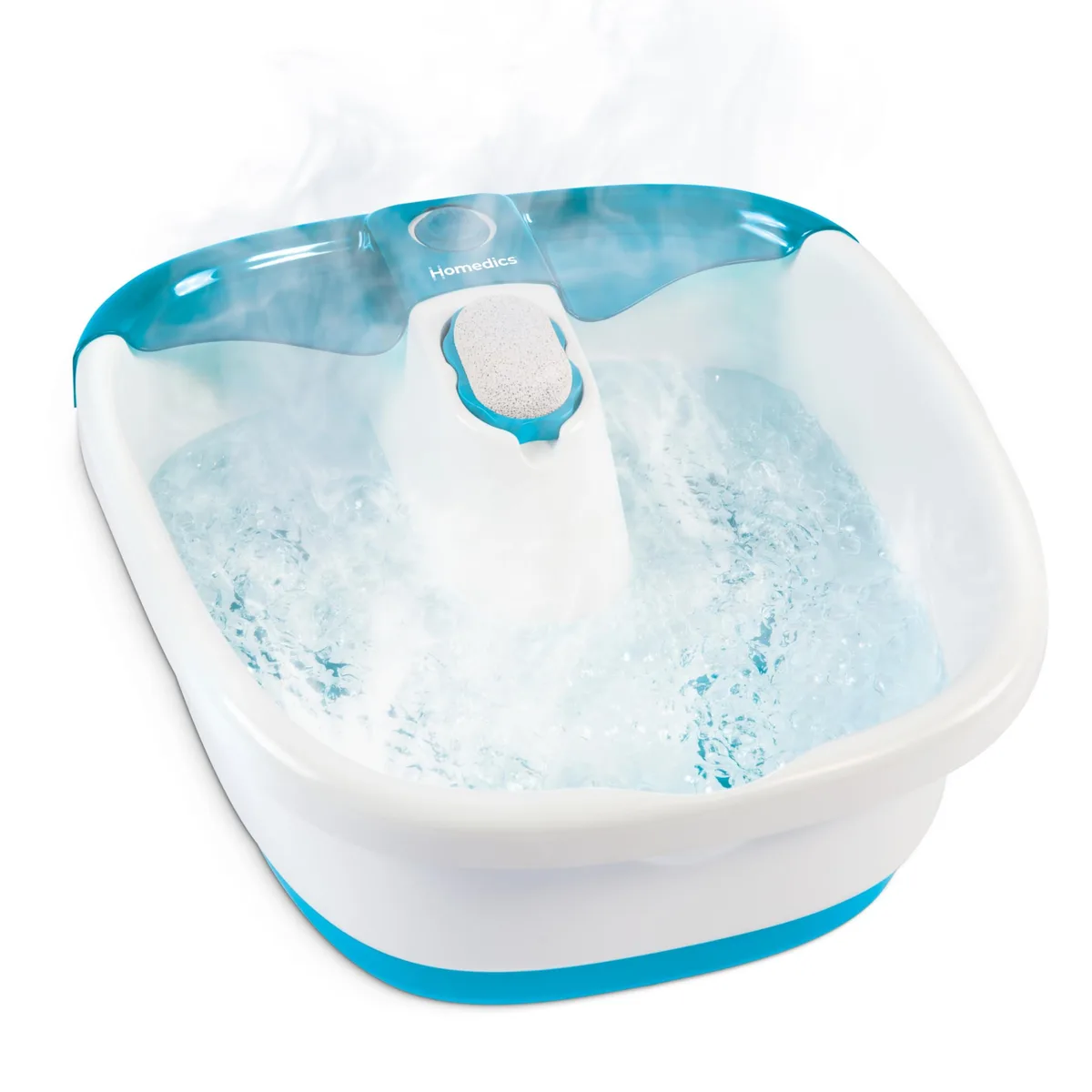 Blue plastic foot spa with bubble jets and toe-touch control