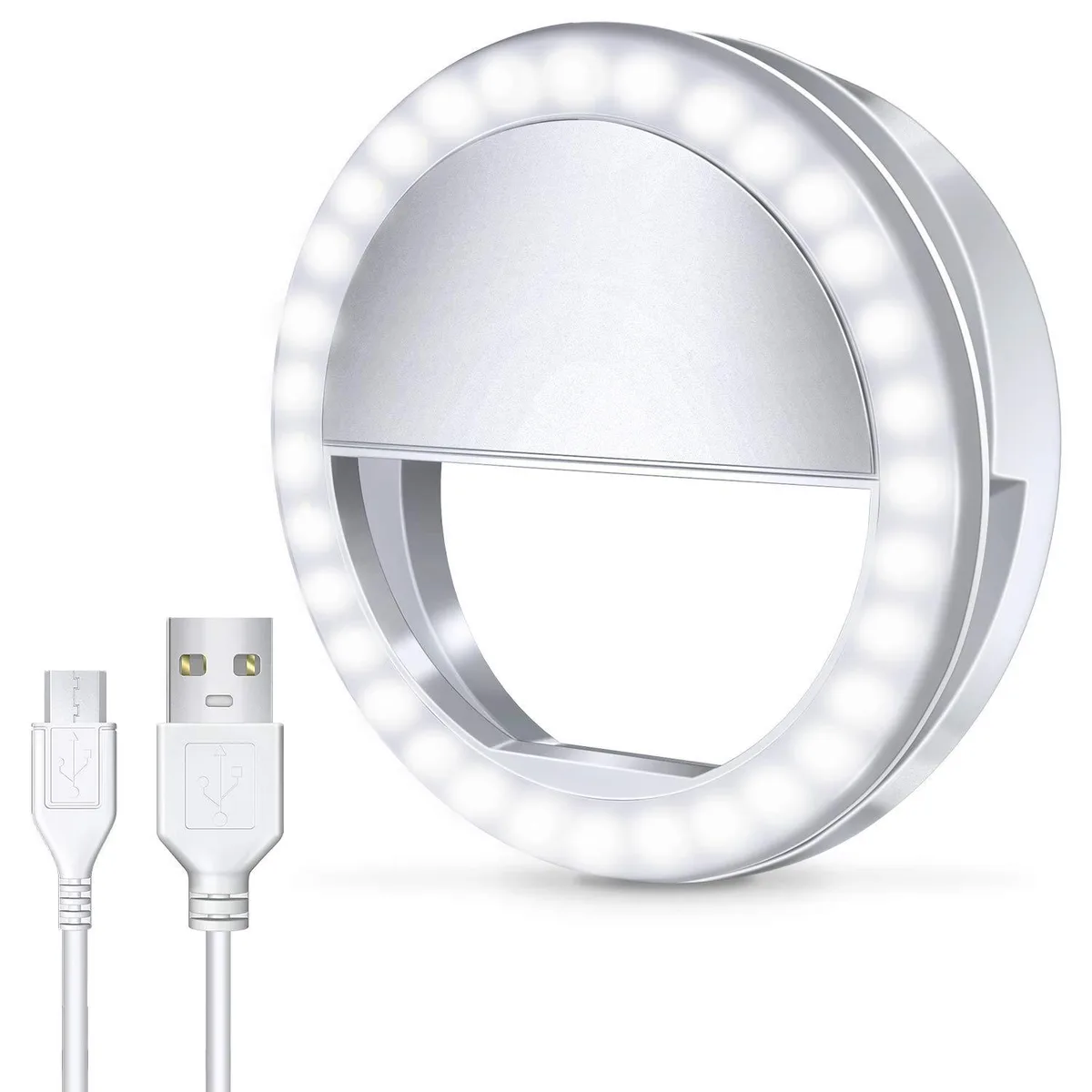 White circular clip-on ring light with 36 LEDs and USB port