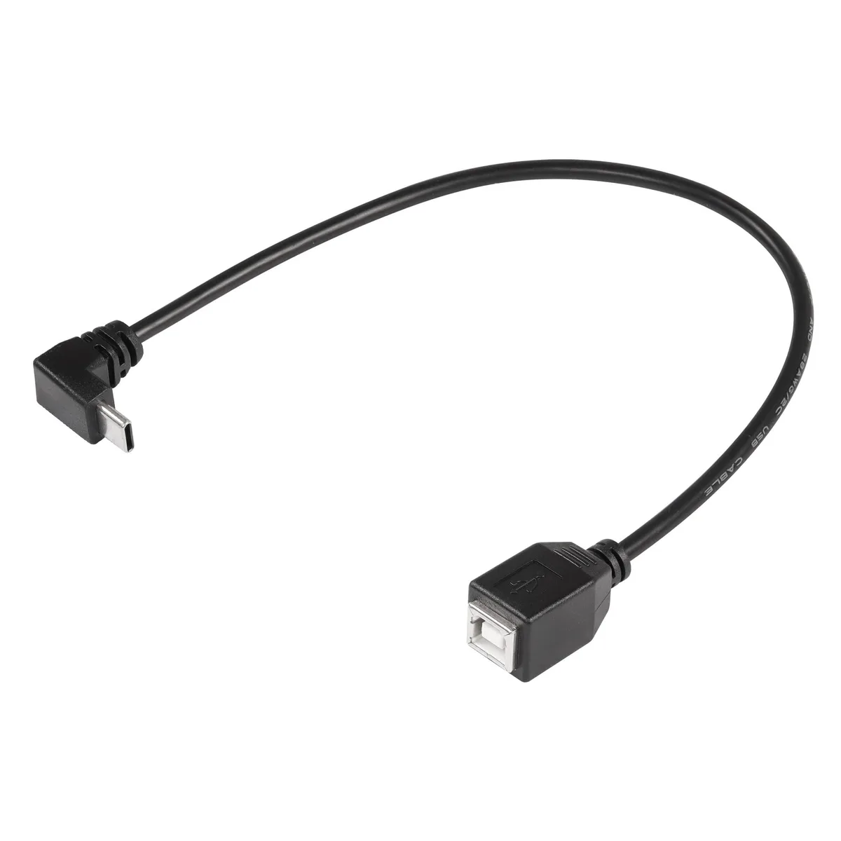 Short black USB-C to USB-B cable with right-angle connector, aluminium housing, 30 cm length