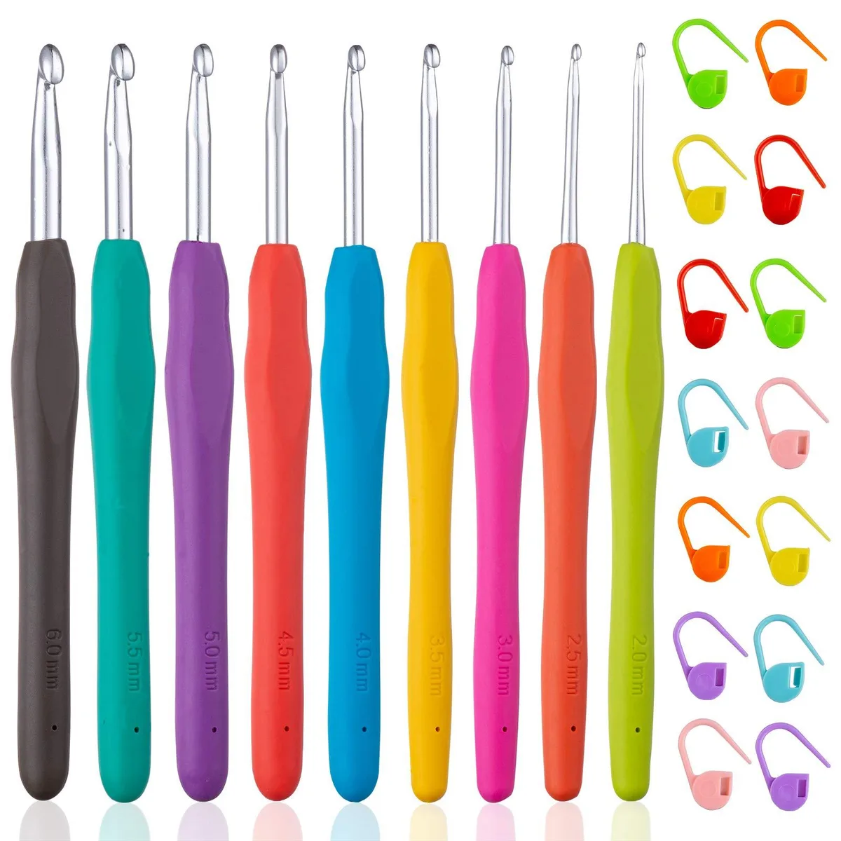 Nine multicoloured plastic double-pointed knitting needles with ergonomic rubber handles