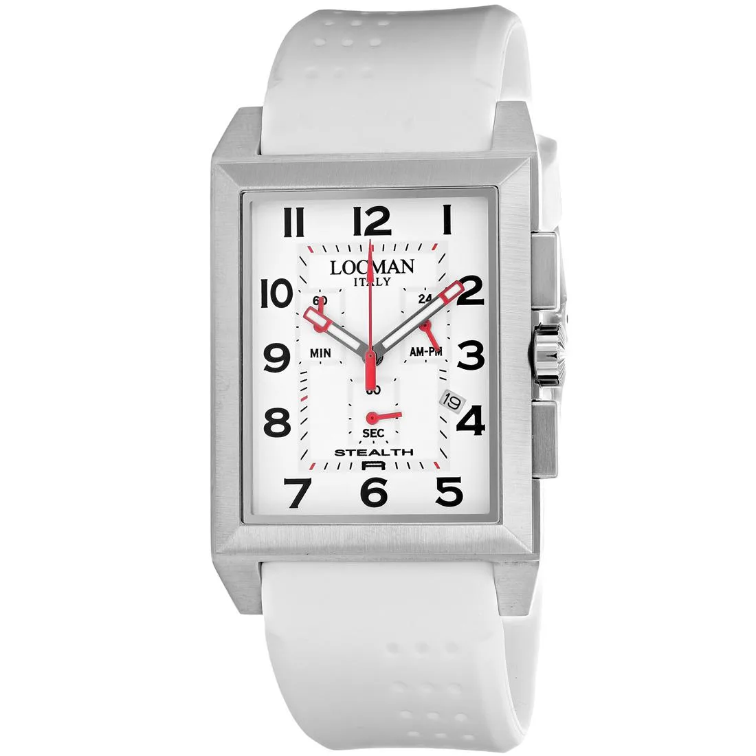 Locman quartz watch with white dial, stainless steel case, black and white silicone strap
