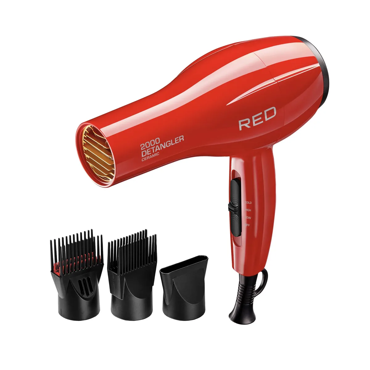 Red hair dryer with three attachments, compact handheld design