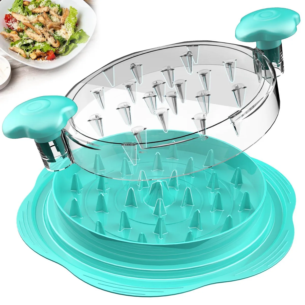 Mint green hand-held food processor with transparent lid and ergonomic handle