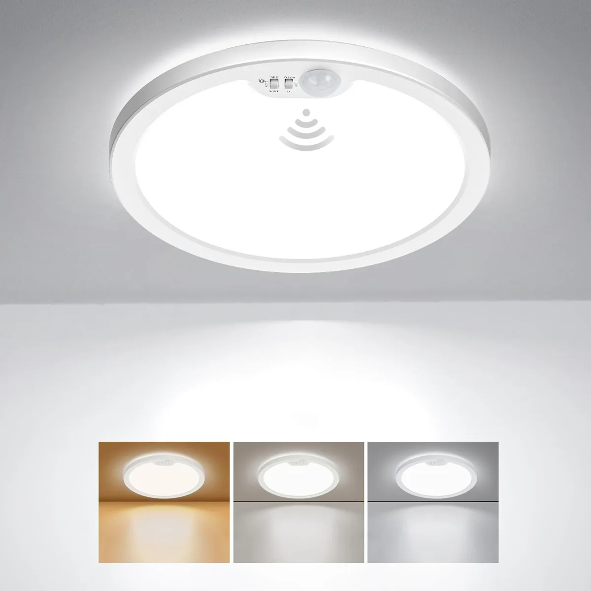 Round white flush-mount ceiling light 8.7 inch diameter ultra thin profile with visible motion sensor