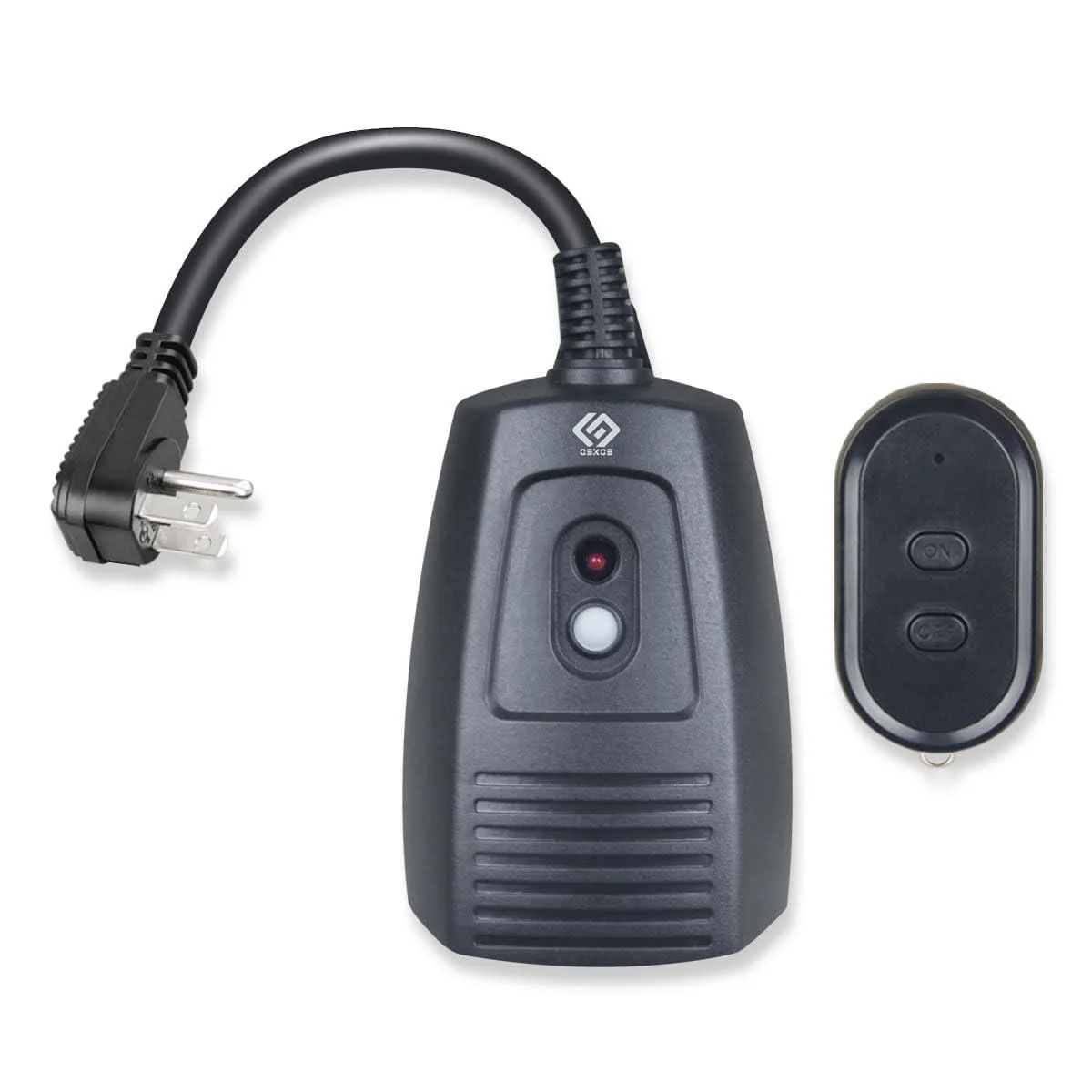 Black plastic receiver with two grounded outlets and a small handheld remote control