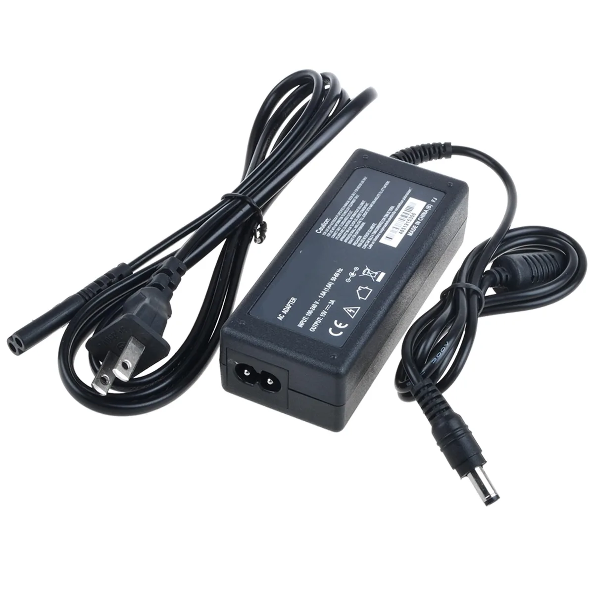Black rectangular power brick with round 5.5mm DC plug and AC cord