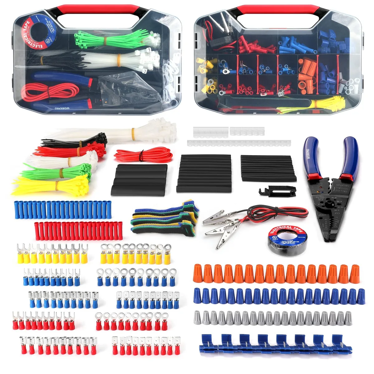 Transparent compartmented box with 582 heat-shrink connectors and red-handled crimping tool