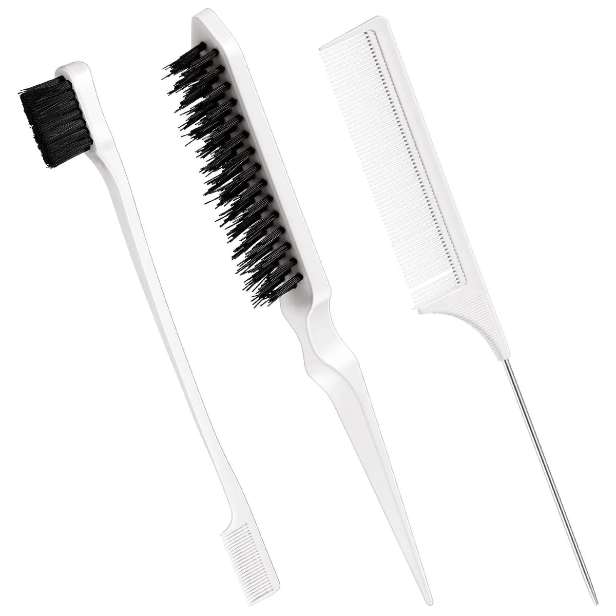 Three white hair styling tools: double-sided edge brush, bristle brush, and pin-tail comb with metal handles