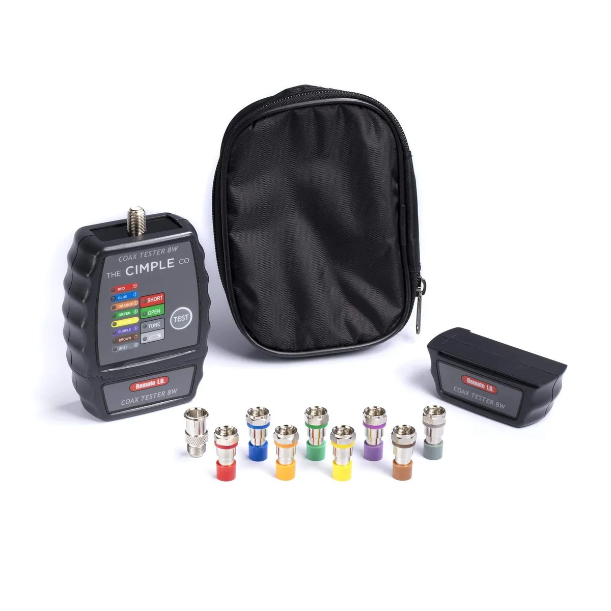 Black handheld coax cable tester with eight color coded remote locators