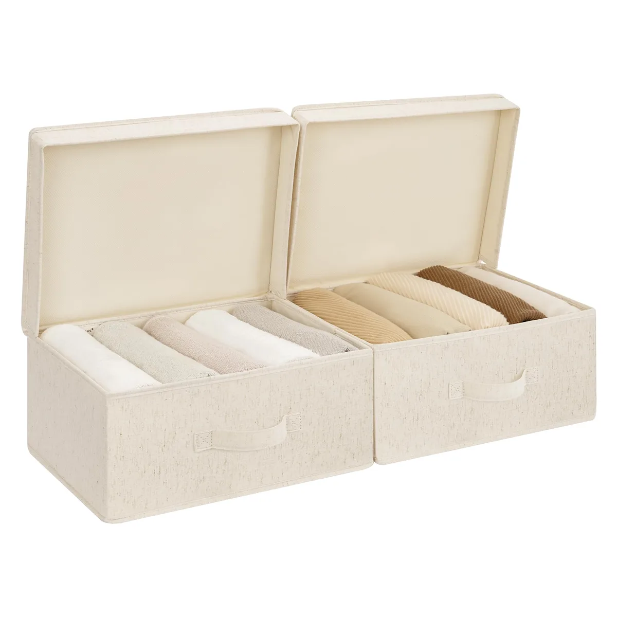 Two beige fabric storage bins with lids, one larger, one smaller, stacked together, showing handles and textured finish