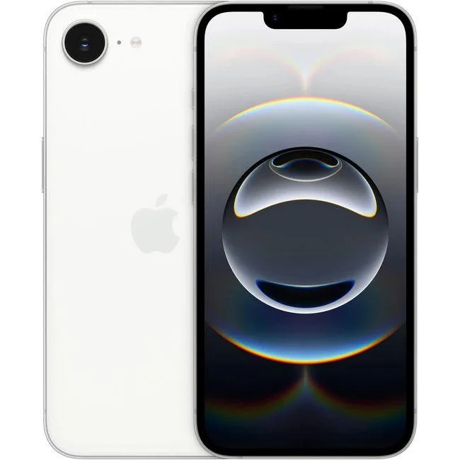 White iPhone 16e with glass front and back, aluminium frame, 6.1 inch display