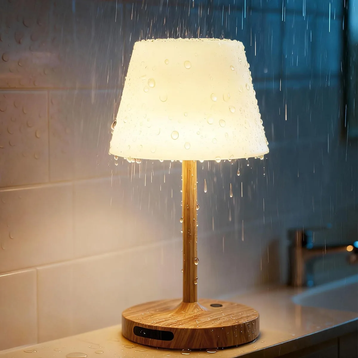 White cordless table lamp with round shade, touch switch, IP65 waterproof rating