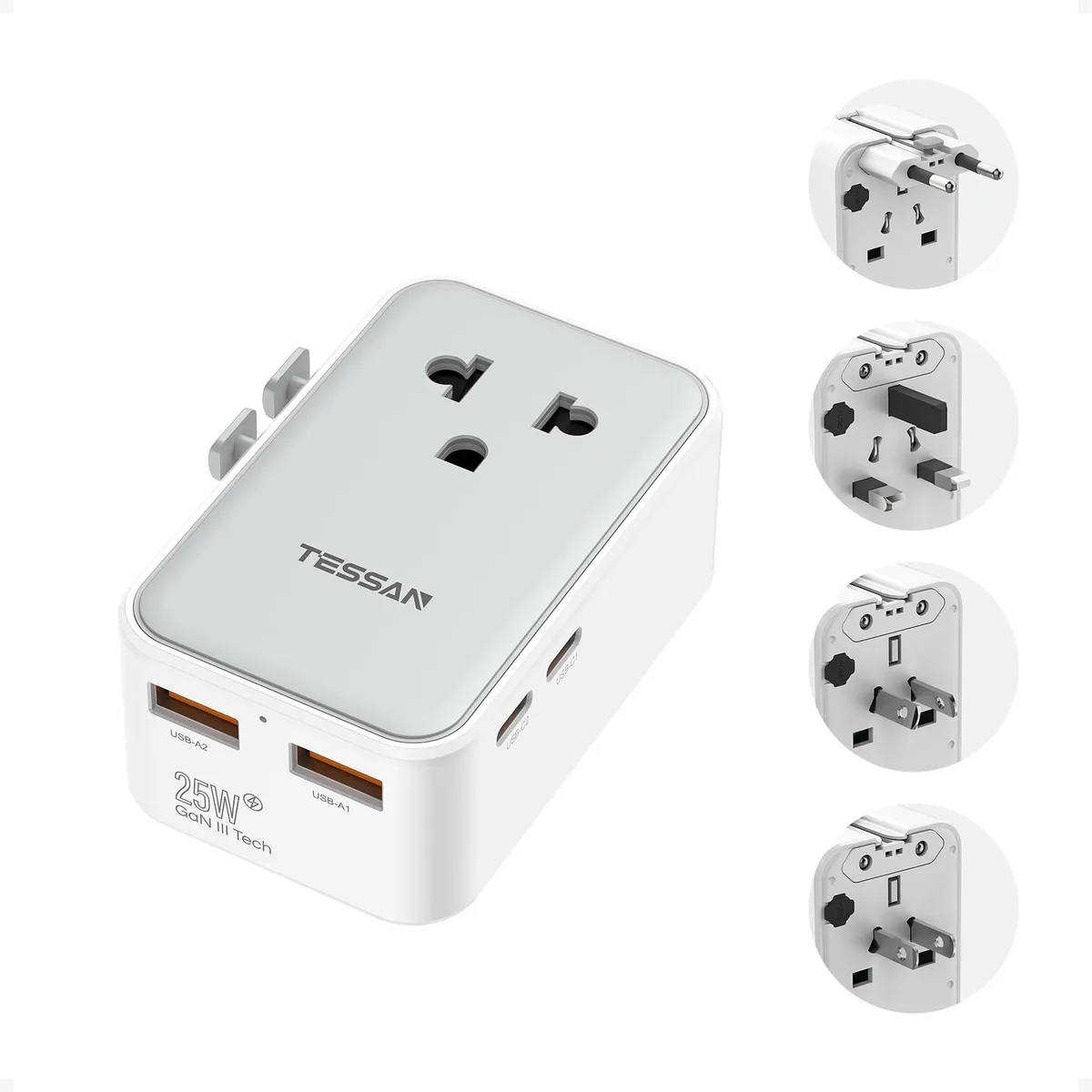 Grey ultra-thin universal travel adapter with 90-degree plug, AC outlet and four USB ports