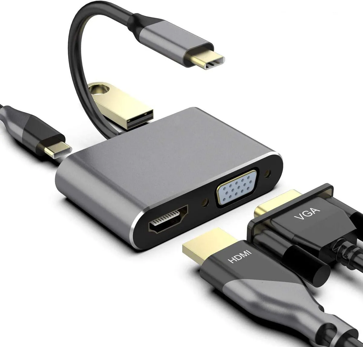Corn Electronics Corn Electronics USB C to HDMI VGA Adapter 4K 30Hz VGA 1080P 60Hz USB 3.0 87W PD Gray — product photo