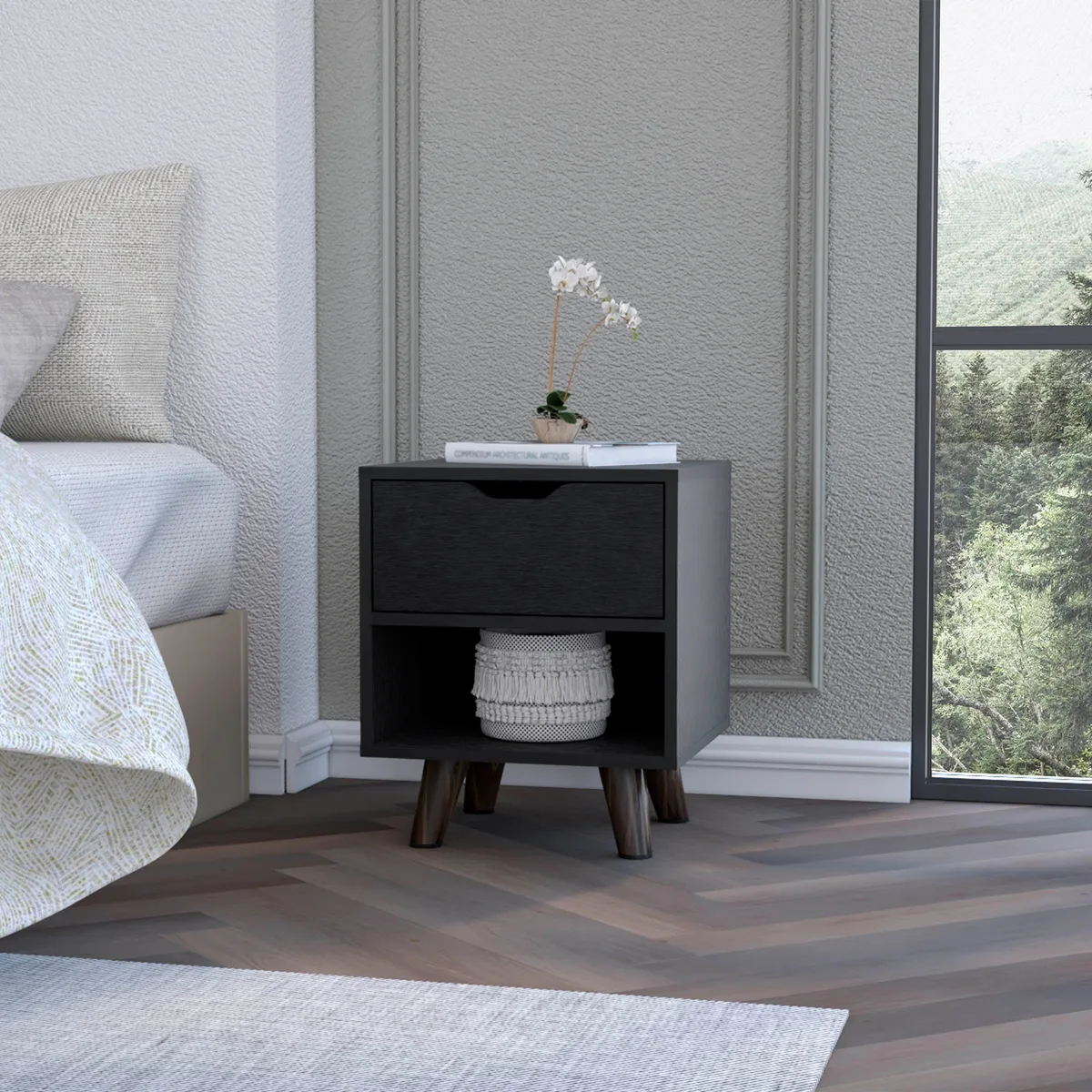 tuphen tuphen Black 1-Drawer Nightstand with Open Shelf Bedroom Set — product photo
