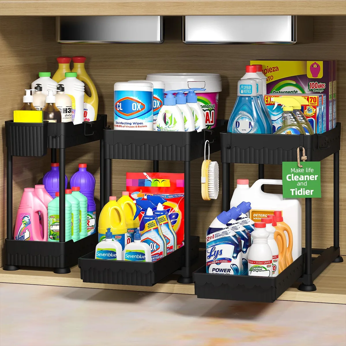 Black 12.8 inch two-tier under-sink organizer with sliding drawer and snowflake cut-outs