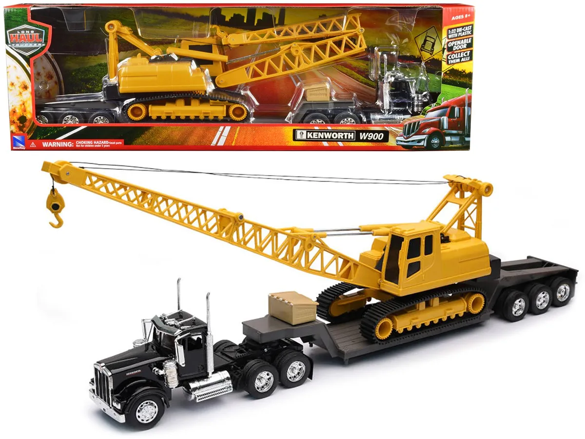 New Ray Toys New Ray Toys Kenworth W900 Lowboy Trailer Black Crane Yellow 1/32 Diecast — product photo