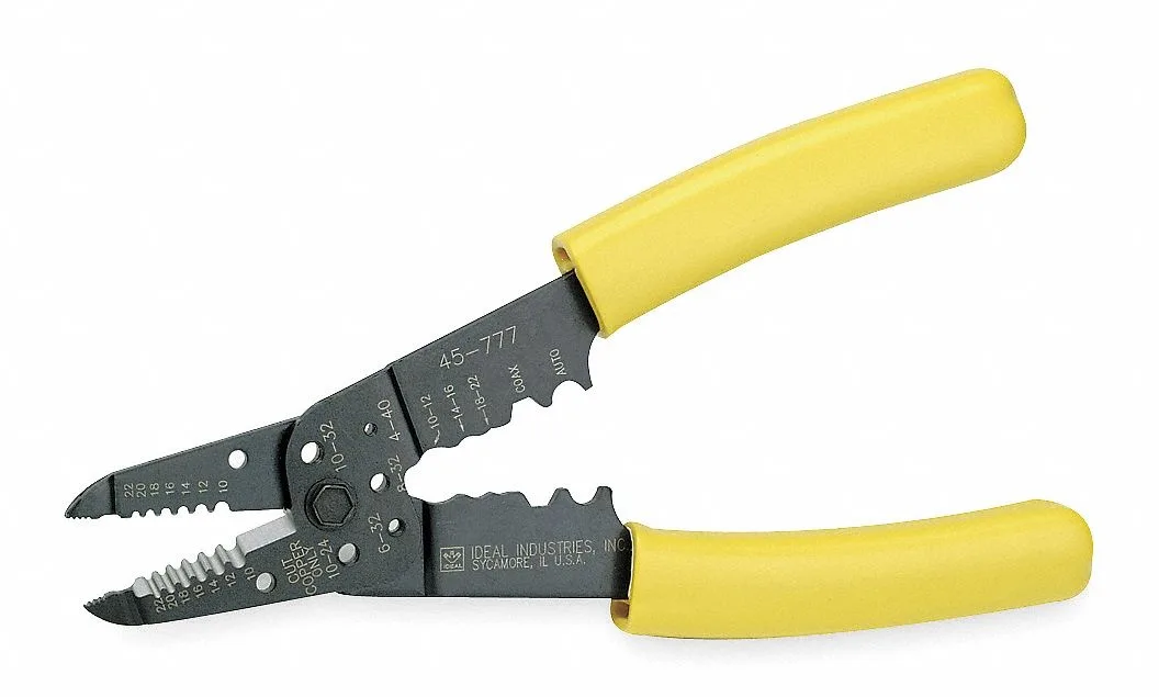 Yellow-handled cable stripper with calibrated jaws for 10 to 18 AWG wire