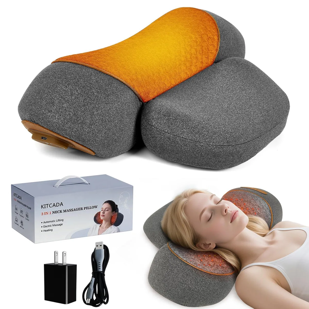 Grey U-shaped neck pillow with built-in battery
