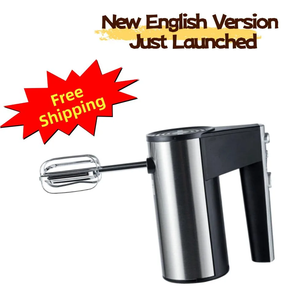 White electric hand mixer with stainless beaters and dough hooks, comfort grip, cooling vents, one-touch eject