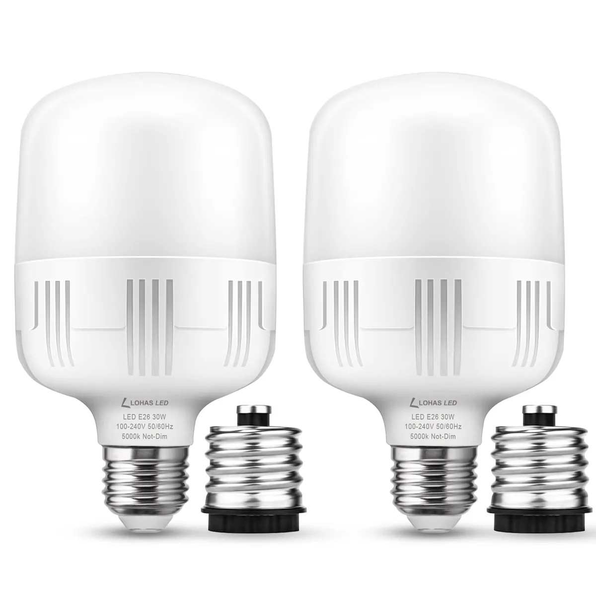 Two white cylindrical LED bulbs with E26 bases and silver E39 adapters side by side