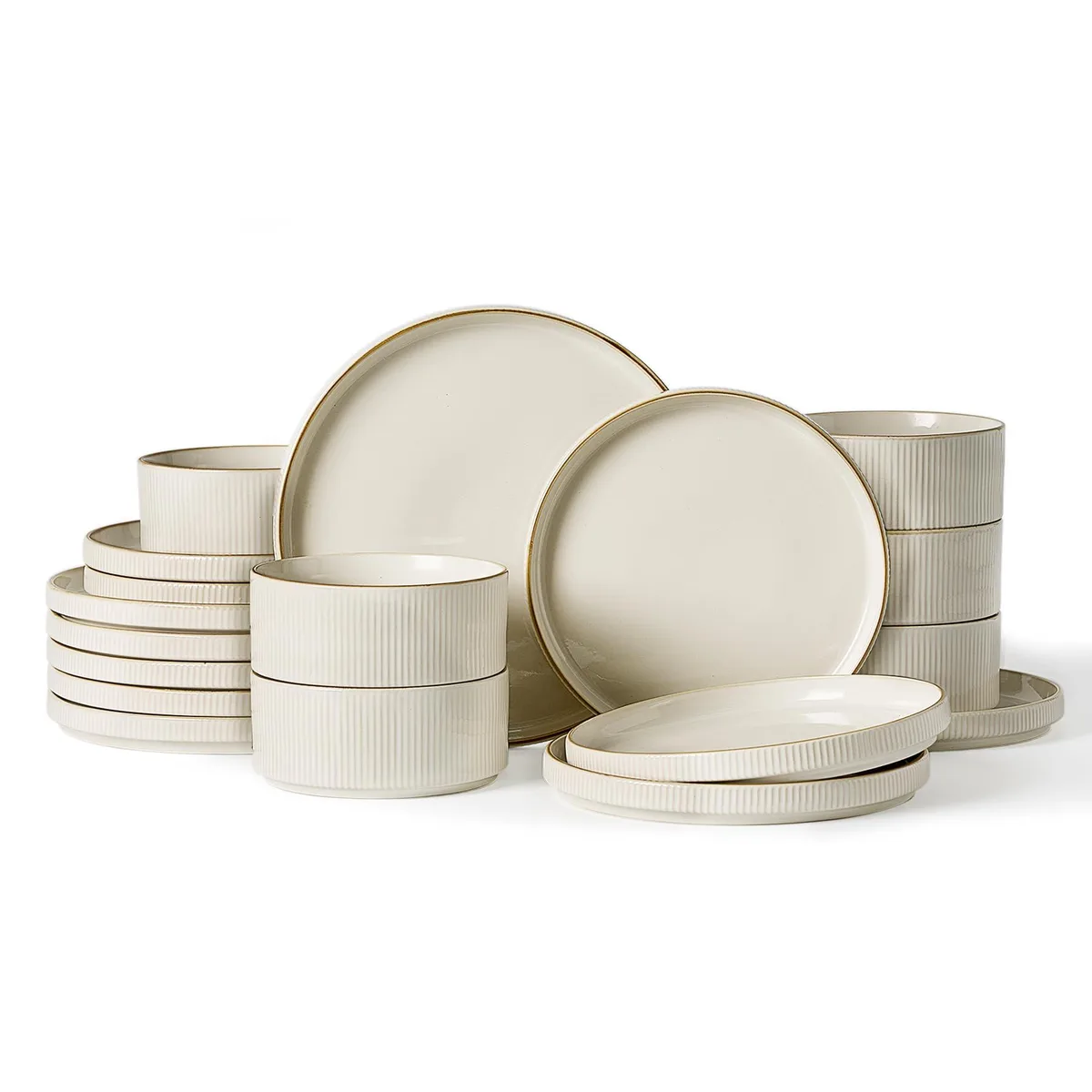 White stoneware dinnerware set, 18 pieces, glossy ribbed texture, square plates and round bowls