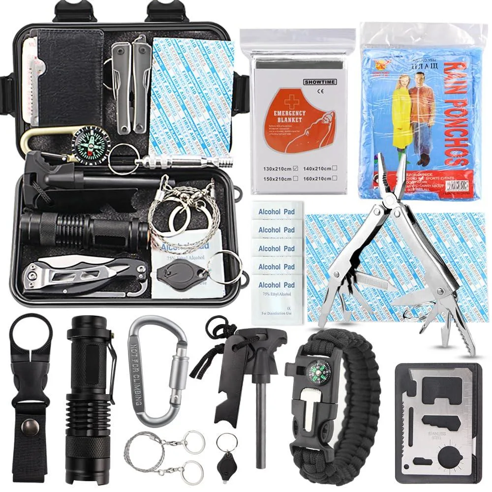 Black rectangular waterproof case containing 16 stainless steel and plastic survival tools