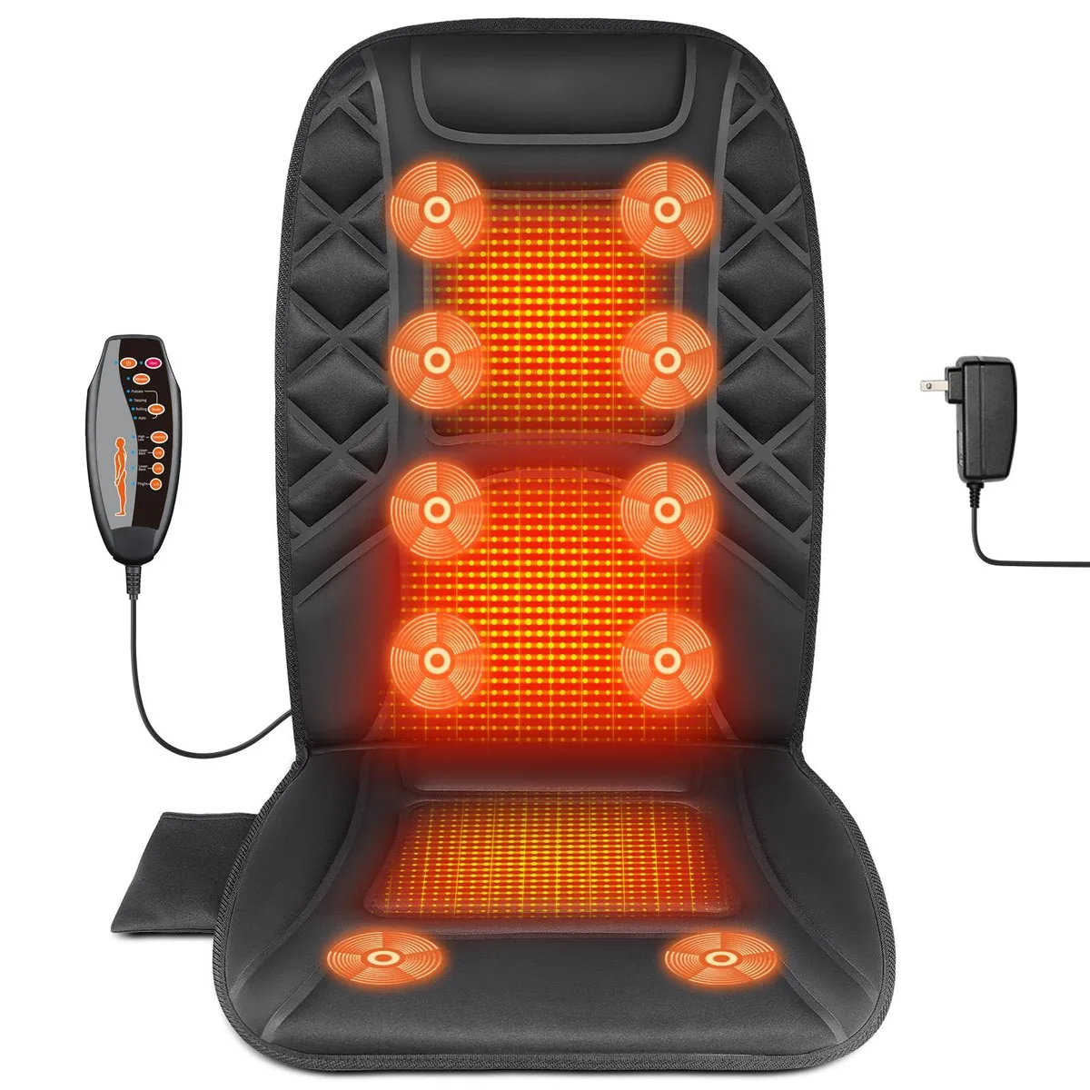 Black rectangular massage mat with ten vibration nodes and corded controller