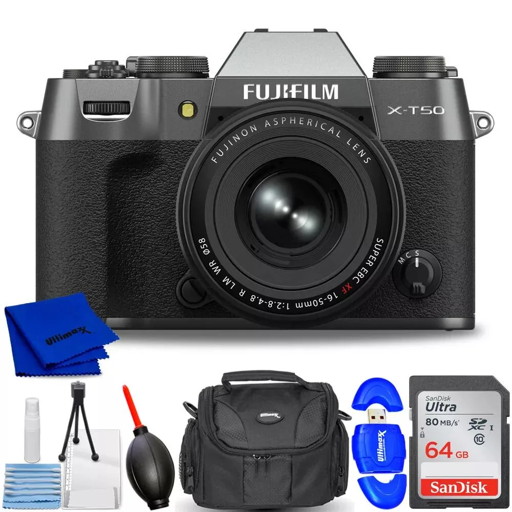 FUJIFILM FUJIFILM X-T50 with XF 16-50mm Lens Charcoal Silver Bundle compact mirrorless camera — product photo