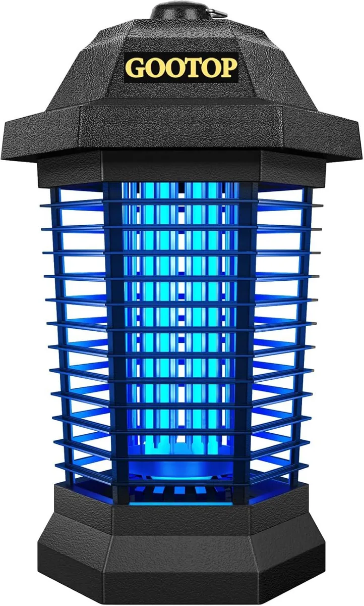 Black rectangular bug zapper with UV light and vertical grid, hanging on wall