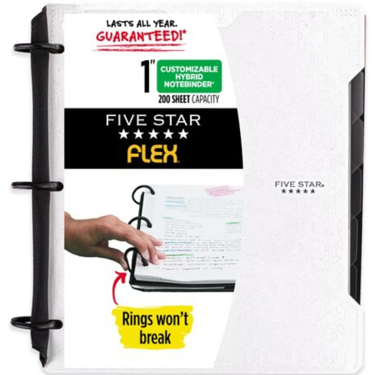 White hybrid binder with flexible rings, folded cover and tabbed dividers visible
