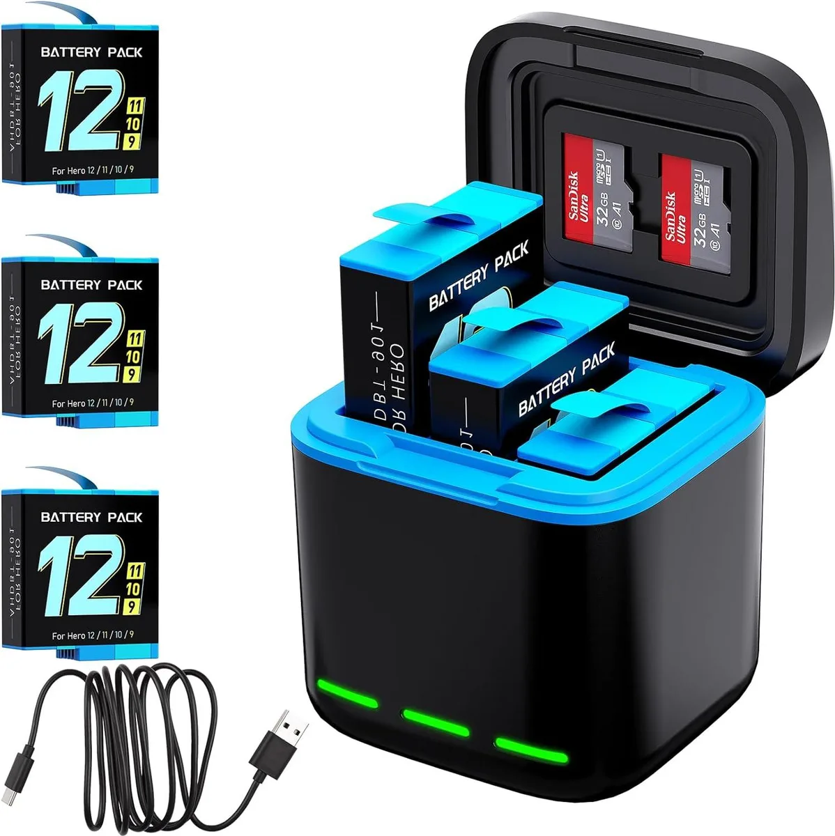 BONAEVER BONAEVER 2000mAh Battery 3-Pack with 3-Channel Storage Charger for GoPro Hero 12 11 10 9 — product photo