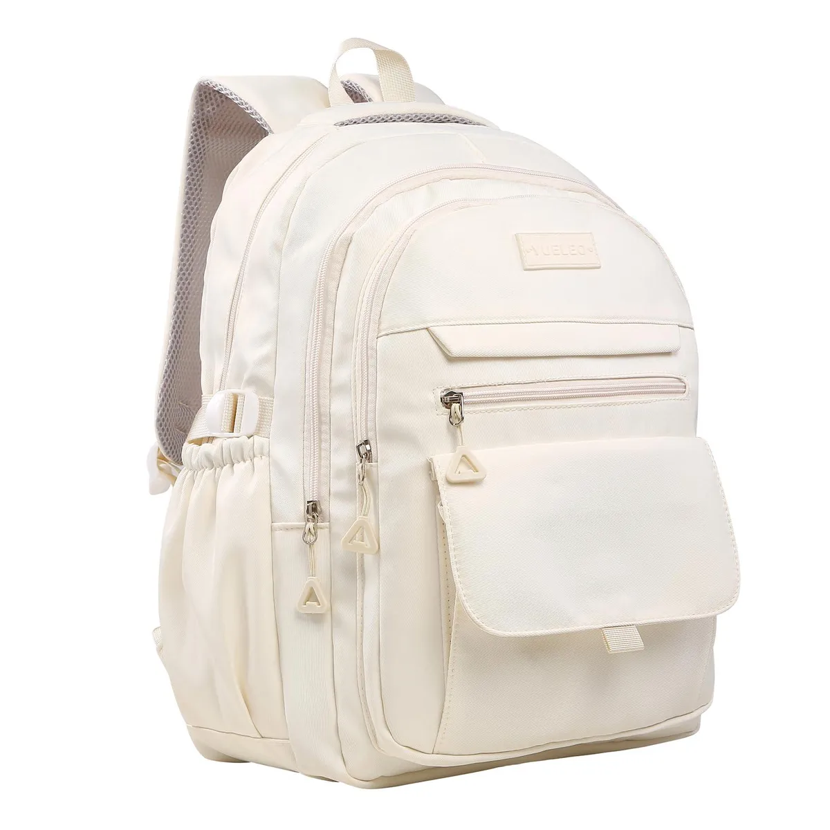 Beige polyester laptop backpack with padded straps and multiple pockets