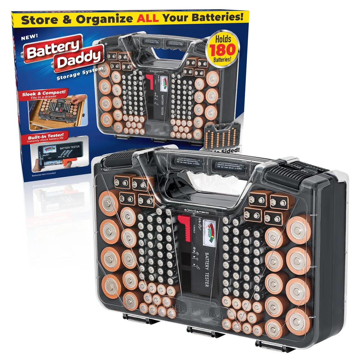  Ontel Battery Daddy Double-Sided Battery Organizer Case with Tester Charcoal — product photo