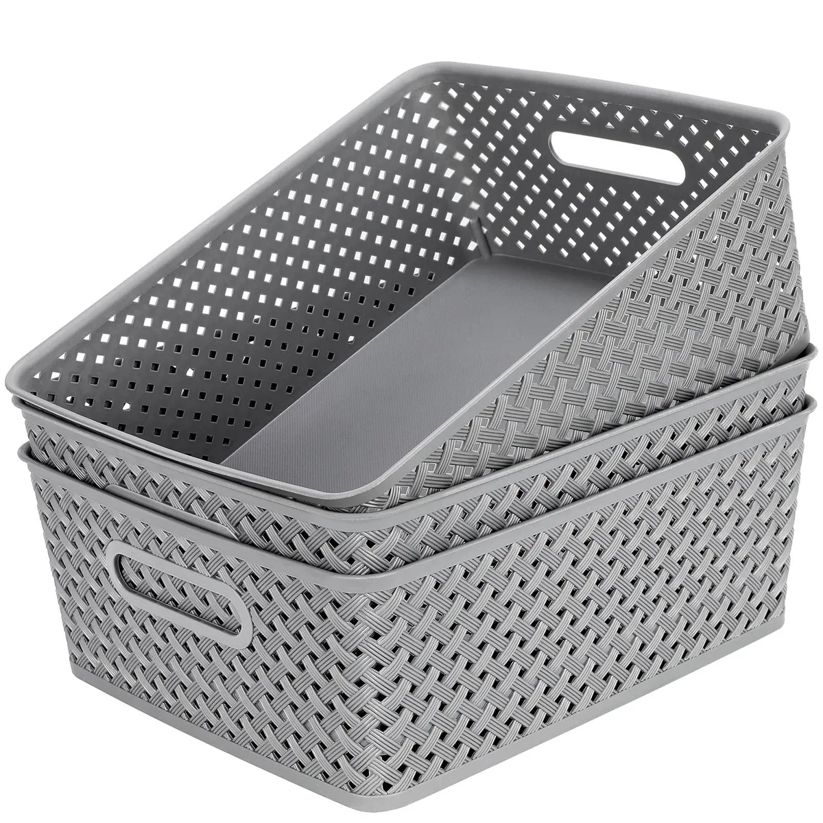 Three grey woven plastic storage baskets with hollow handles, large rectangular form factor