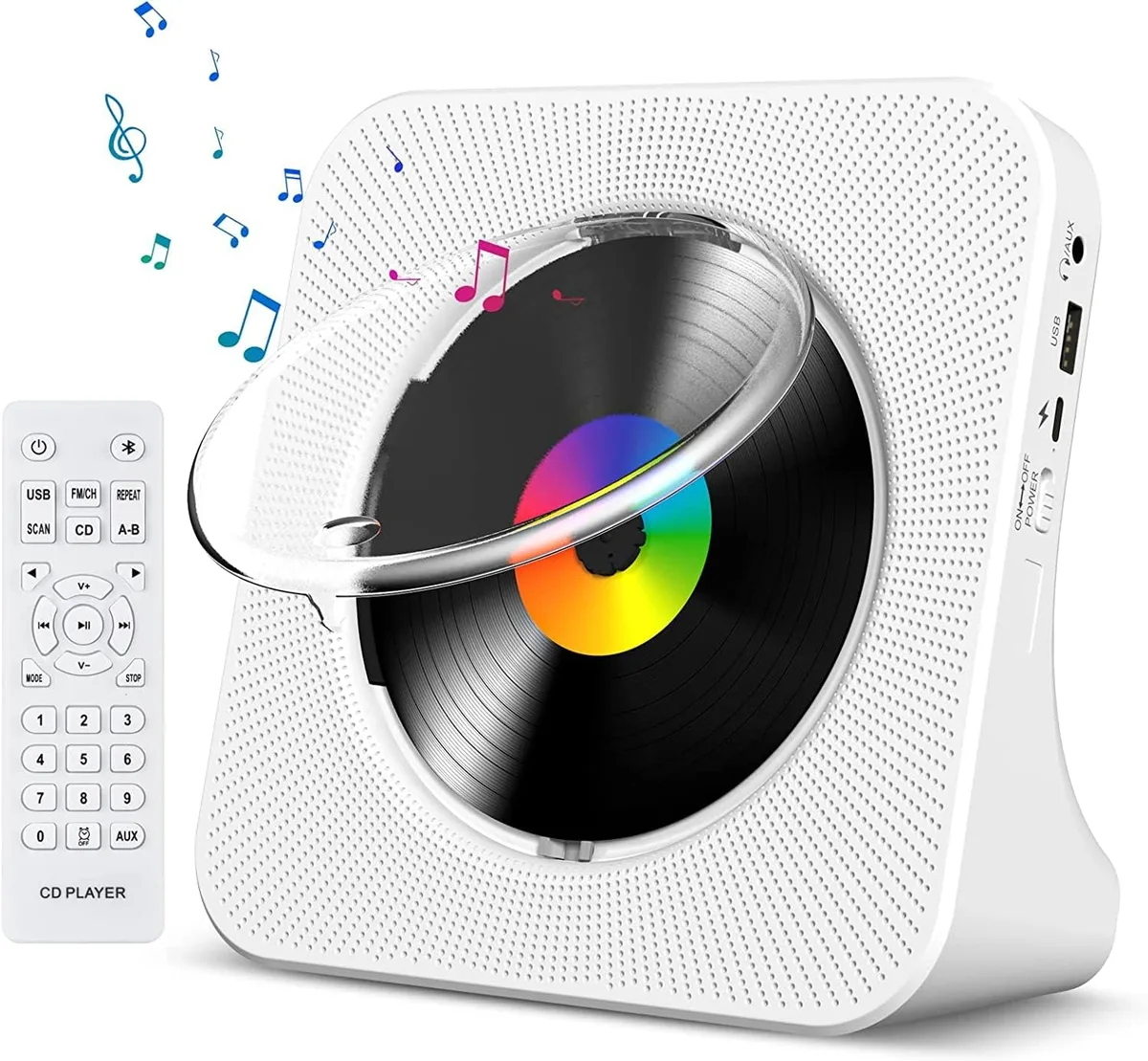 Compact desktop CD player with LCD screen and built-in speakers