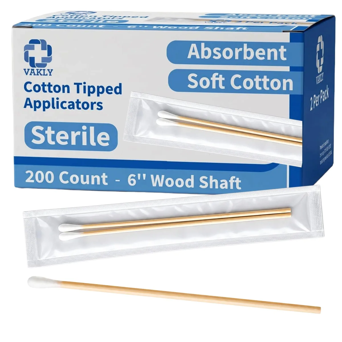 Box of 200 sterile cotton-tipped wooden applicators in individual pouches