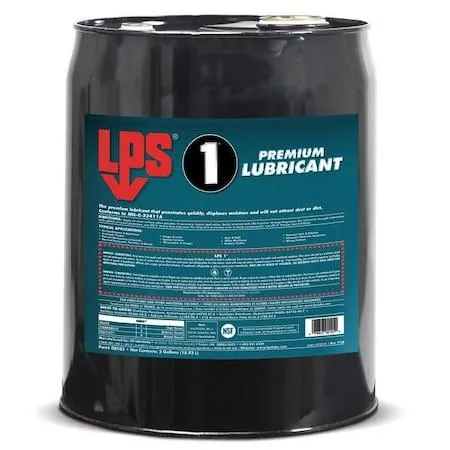 Metal pail containing five gallons of amber dry lubricant