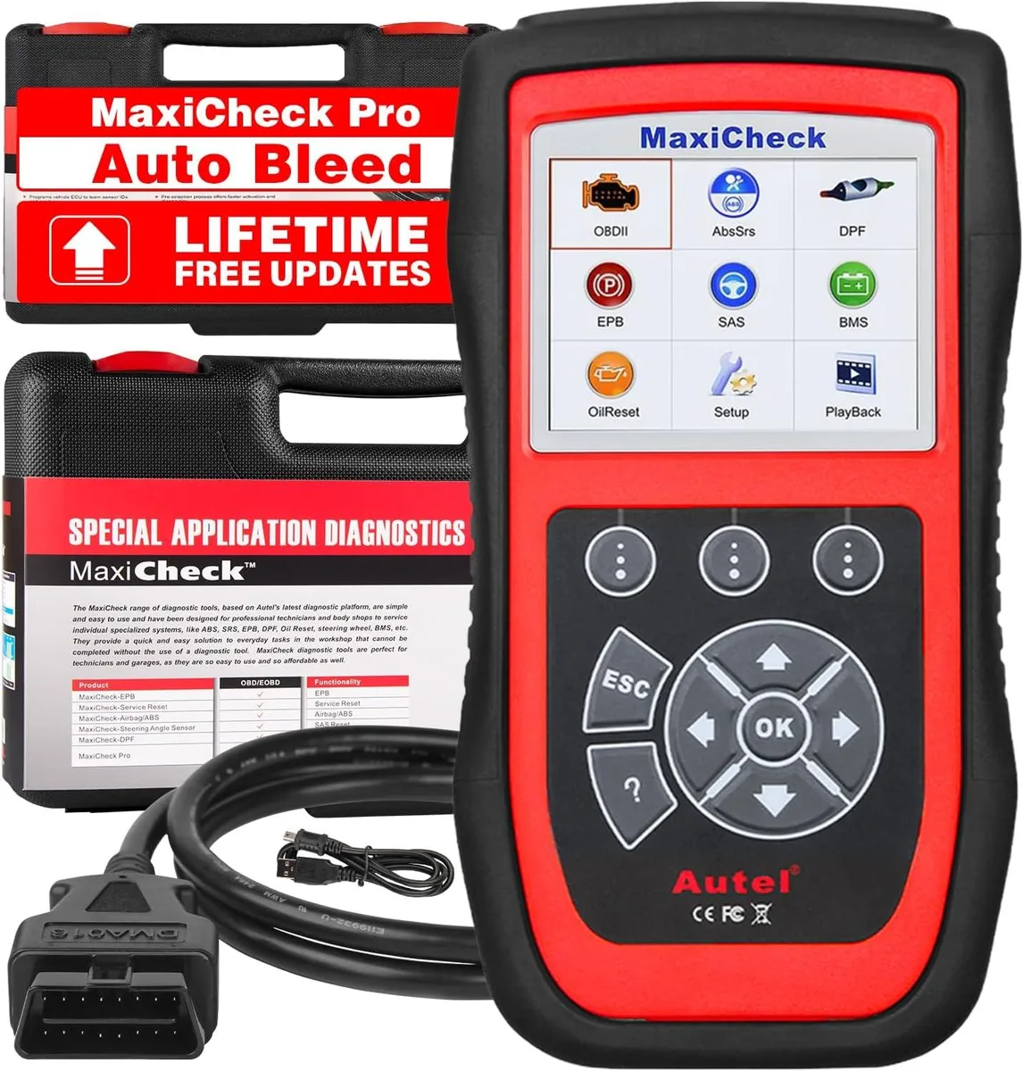 Handheld diagnostic scanner with colour touchscreen and OBD-II cable attached