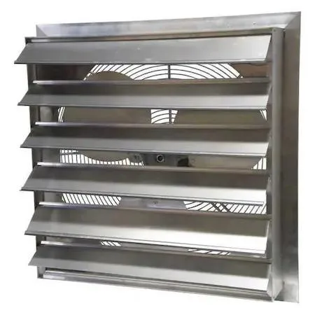 Square industrial exhaust fan with motor housing and shutter grille, grey metal finish