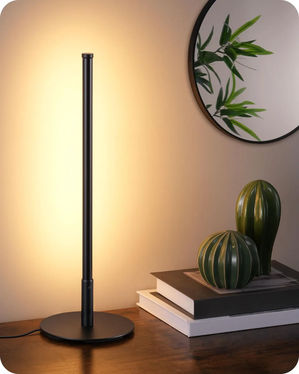Black metal LED table lamp, slim vertical shape, soft silicone shade, touch cord control, 14 inches tall