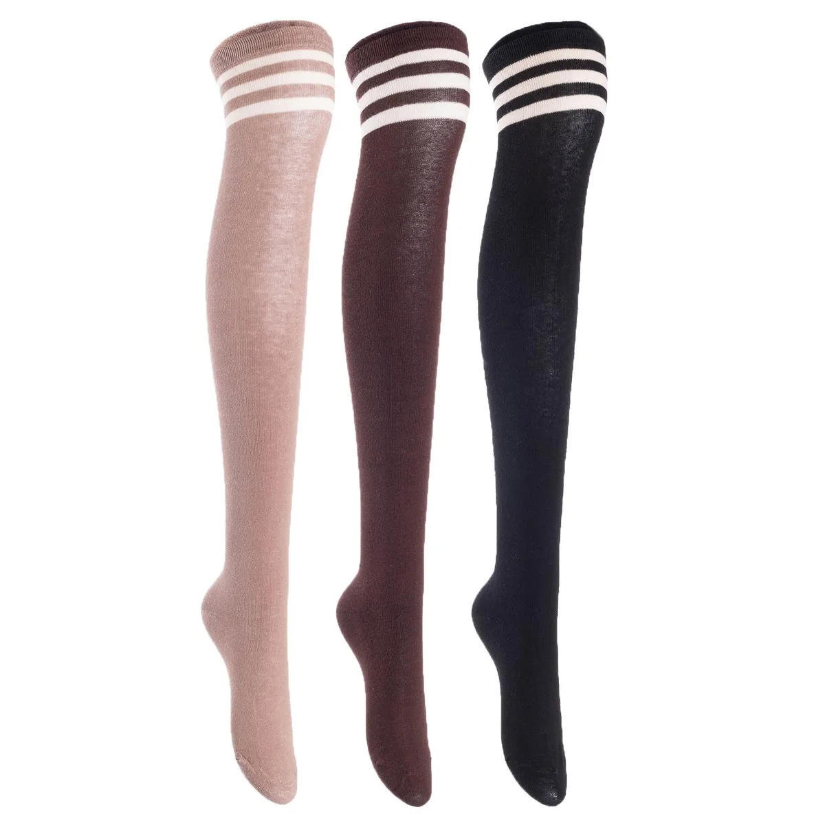 Three pairs of over-the-knee cotton socks in black coffee and khaki