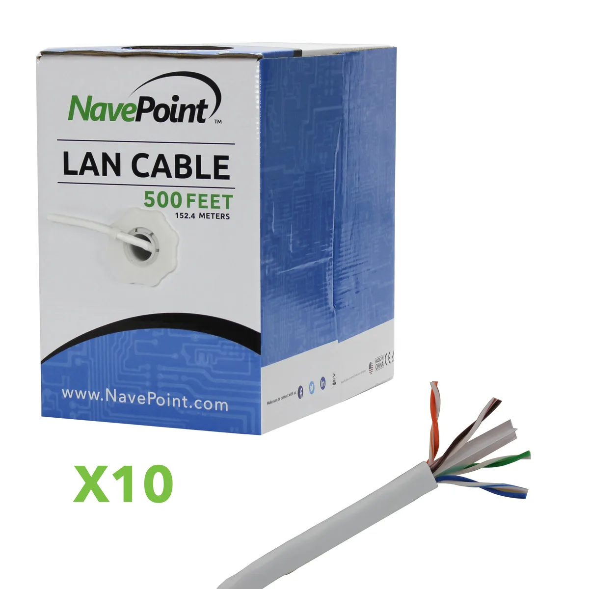 NavePoint NavePoint CAT6 UTP CCA Bulk Ethernet Cable White 500 Ft 10-pack — product photo
