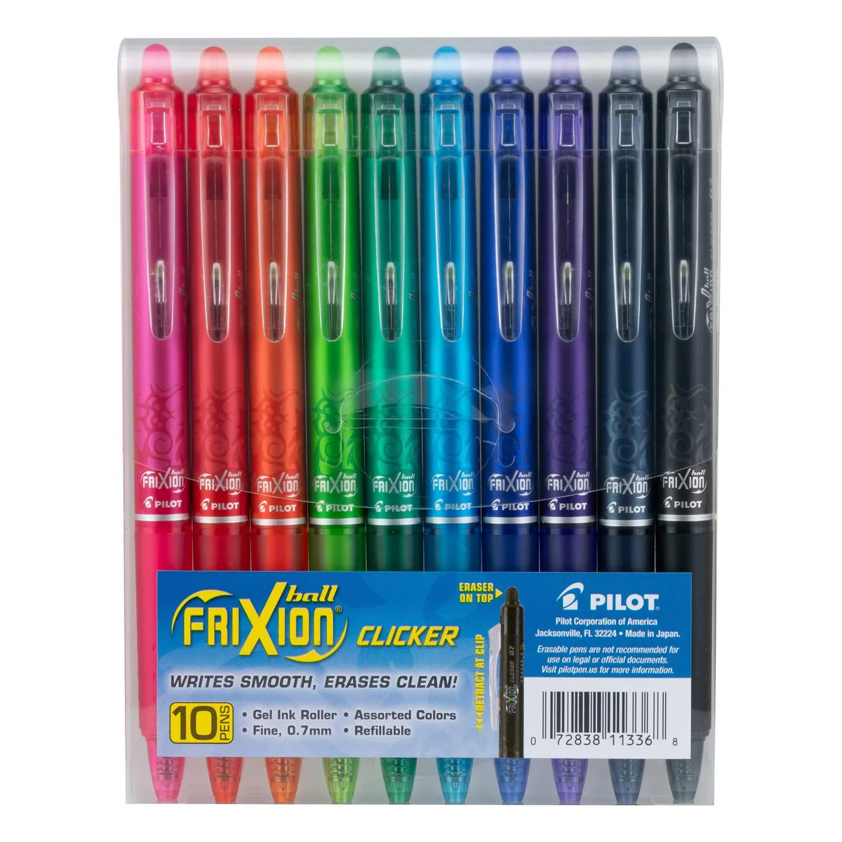 Ten retractable rollerball pens in assorted colours, plastic barrels with rubber grips, in a pouch