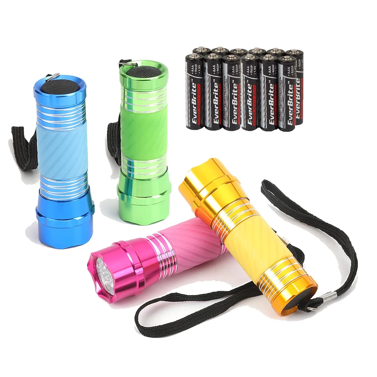Four small cylindrical aluminium flashlights in green yellow blue pink with glow bodies and included AAA batteries