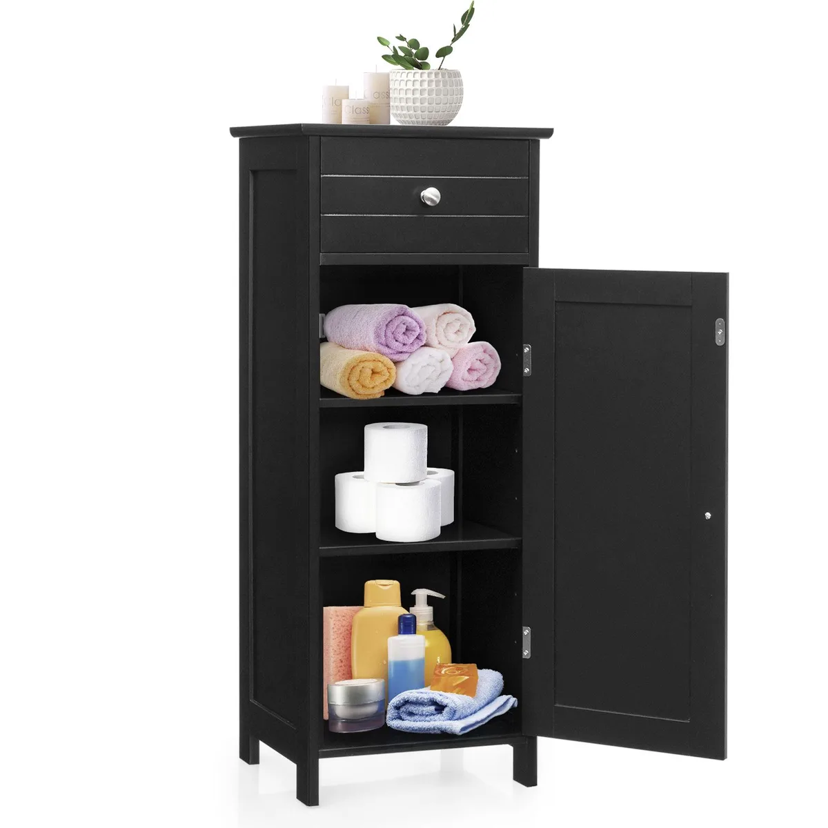 SlickBlue SlickBlue Bath Storage Free-Standing Floor Cabinet with Drawer and Shelf Black 14" x 12" x 34.5 — product photo