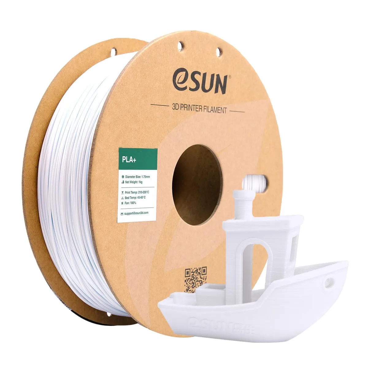 White 1.75 mm PLA+ filament spool in vacuum-sealed bag